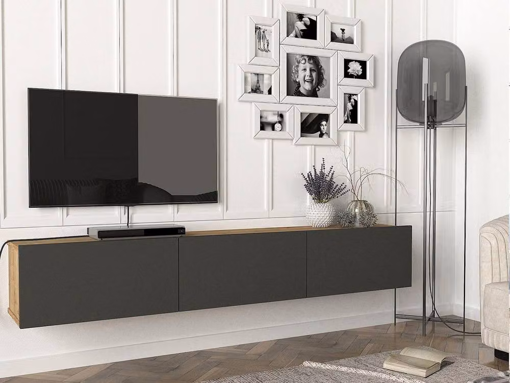 Vente-unique Wall-Mounted TV Unit with 3 Hinged Doors in Anthracite and Grey – 3