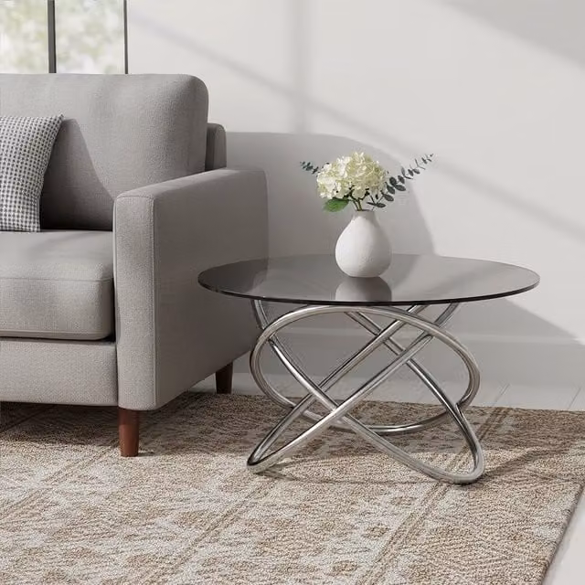 Orsina Modern Round Smoked Glass Top Side Table in Grey, H 80 x W 41 x D 41 cm – 1