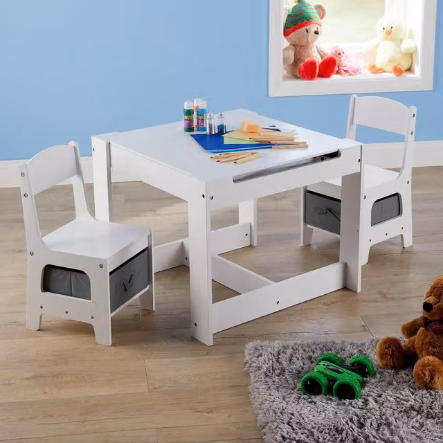 Home Source Childrens Learning Activity Table and Chairs Set in White – 1