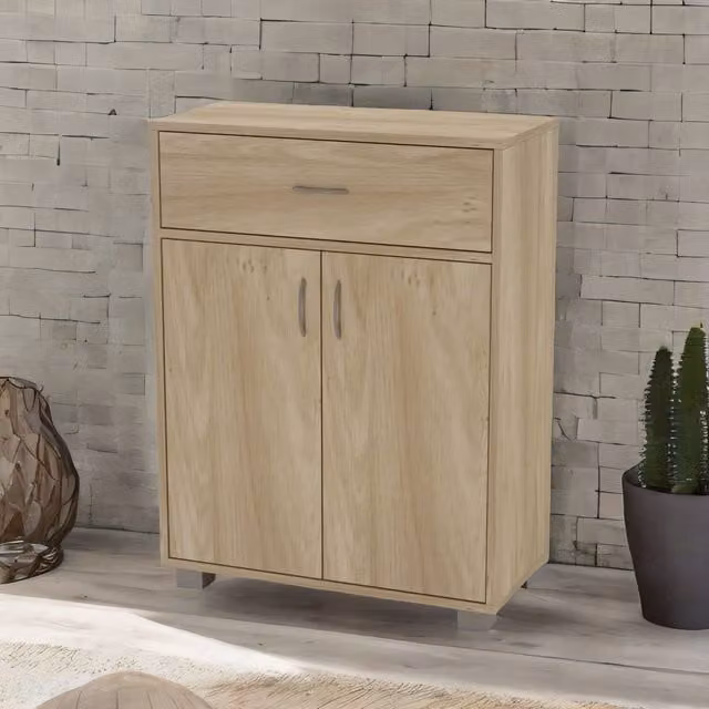Furnold Oak Wooden Freestanding Storage Cabinet with Internal Drawers and Shelves