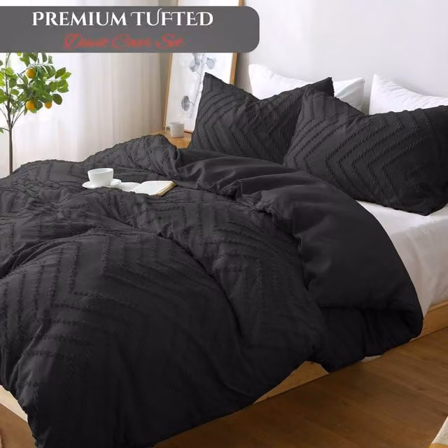 Grace Reversible Tufted Microfibre Duvet Cover and Pillowcase Set, Black, W/D/H: 140 x 200 cm and 50 x 75 cm – 1
