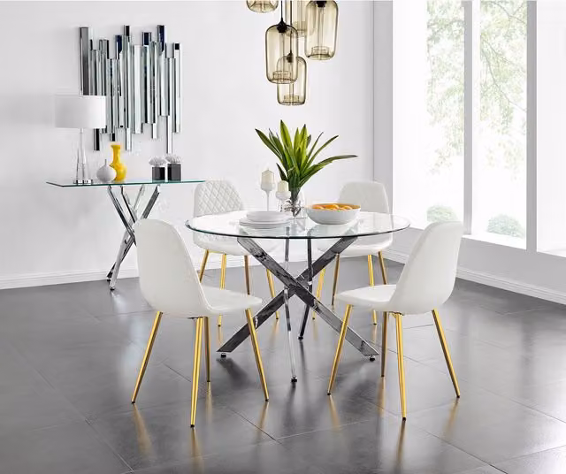 FurnitureboxUK Novara Round Glass and Chrome Dining Table with 4 Corona Gold Chairs Set, White and Gold