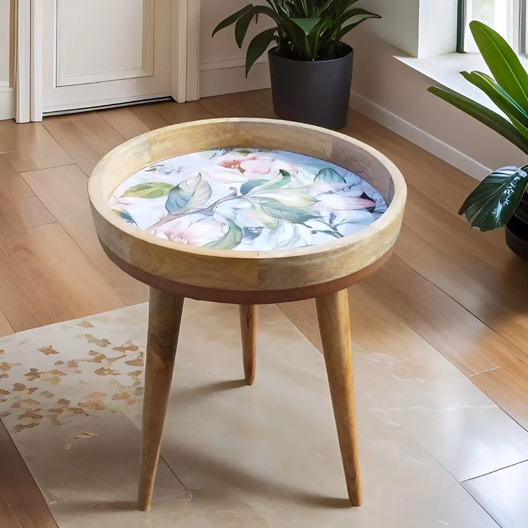Hartsmede Mango Wood Round Side Table with Pink Floral Enamel Resin Top and Detachable Legs, H 36 cm x W 38 cm – 2