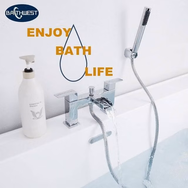 BATHWEST Waterfall Bath Tap with Square Shower Set in Silver Chrome Brass