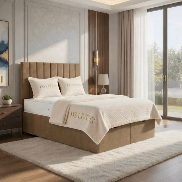 DS Living Aria Ottoman Bed in Beige Tan Velvet, W/D/H: 200 x 180 x 200 cm – 1