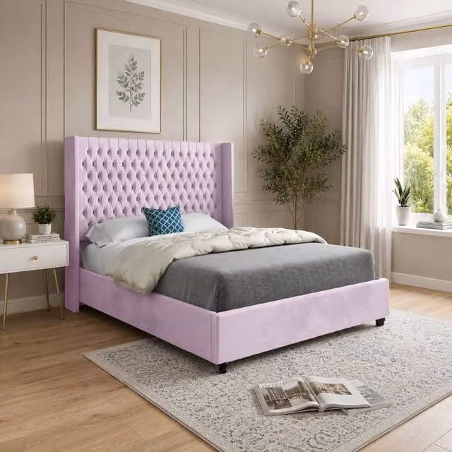 Casani Thwaite Single Upholstered Velvet Designer Bed Frame, Pink, W/D/H: 90 x 200 cm – 1