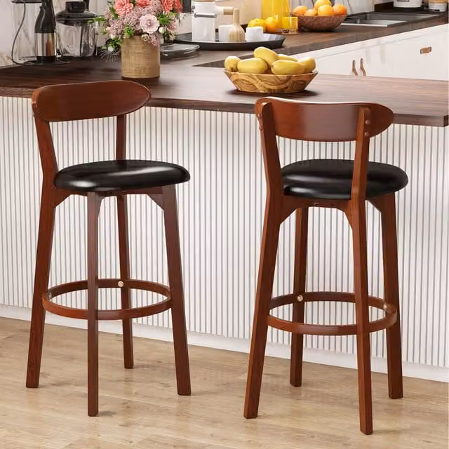 Costway Set of 2 Modern Brown PU Leather Bar Stools with Rubberwood Legs
