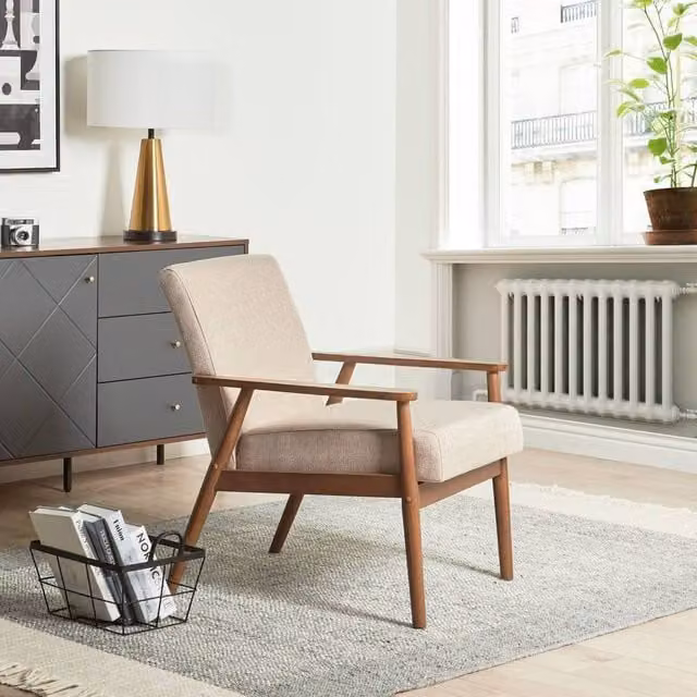 Wyld Haus Mid-Century Armchair in Beige Fabric with Dark Rubberwood Frame – 1