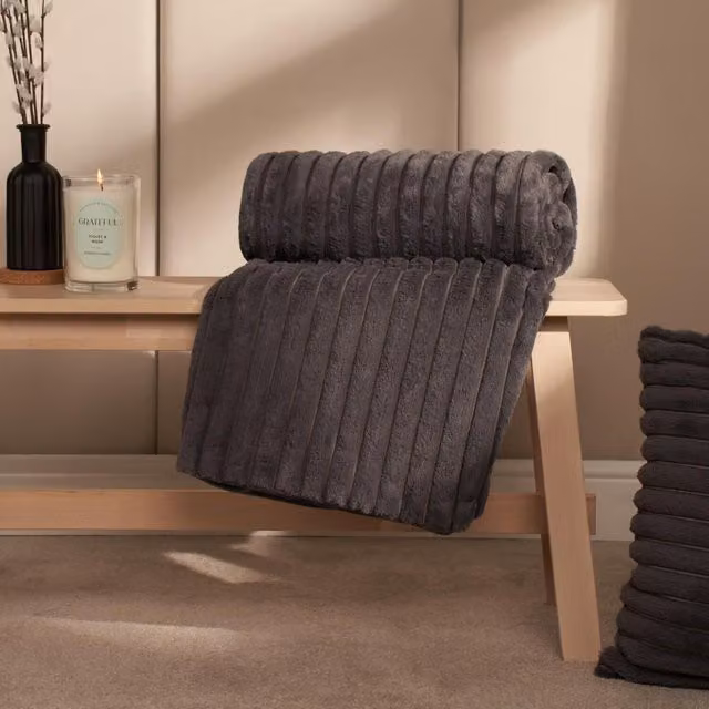 OHS Charcoal Grey Faux Fur Thick Ribbed Striped Throw