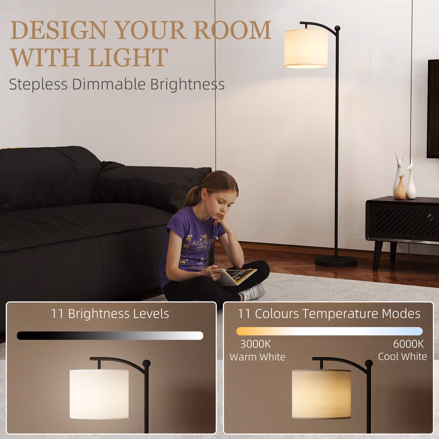 HOMCOM LED Floor Lamp in Black, Stepless Dimmable Reading Standing Lamp with Magnetic Remote Control, 11 Colour Temperatures and 11 Brightness Levels, H 156.9 x W 25.0 x D 25.0 cm – 3