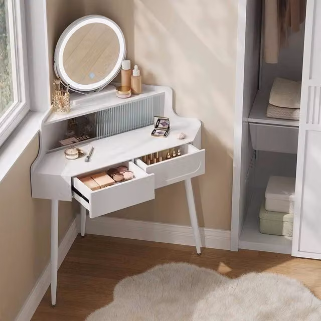 SPETLEK Modern Corner Dressing Table Vanity Makeup Desk in White