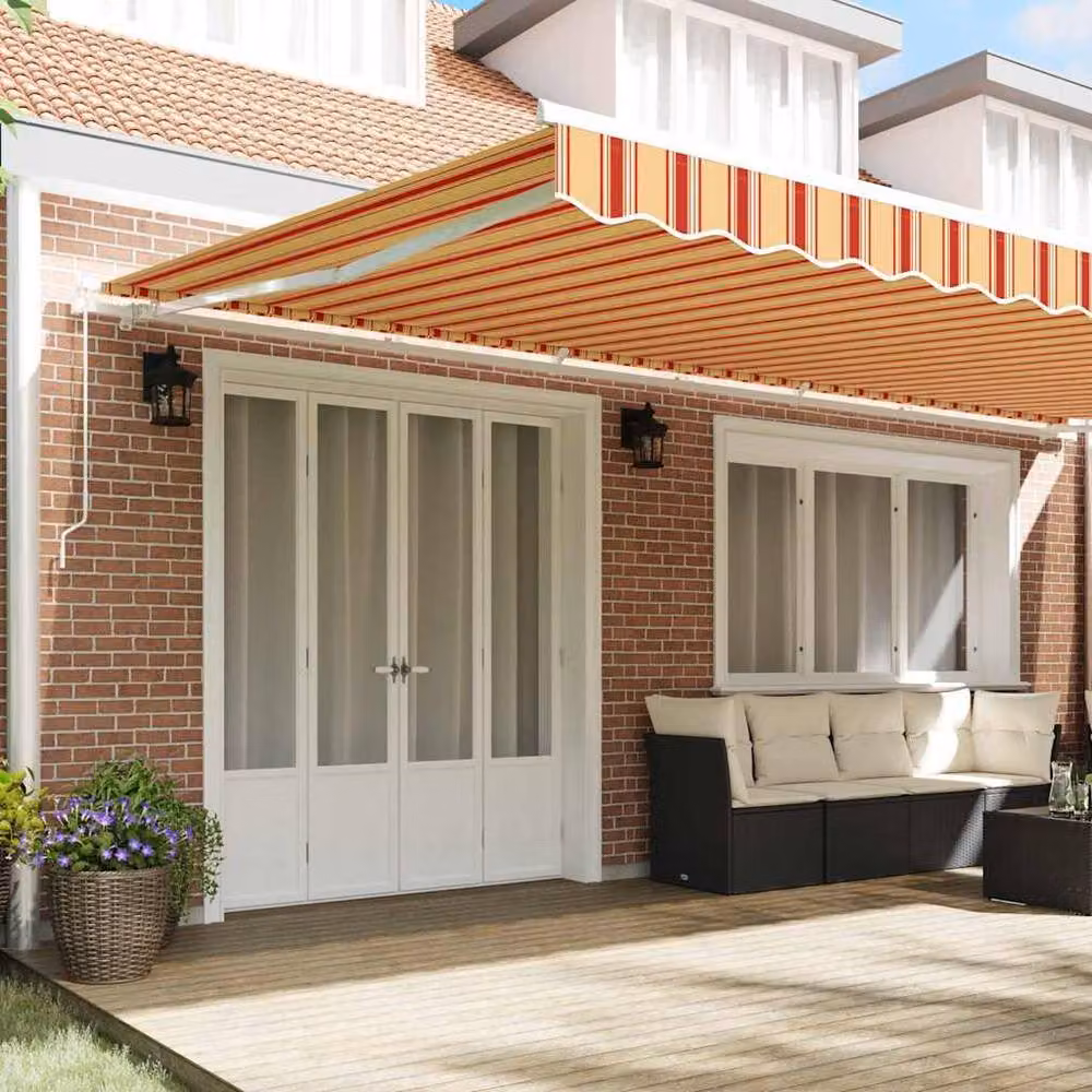 Berkfield Home Manual Retractable Folding Arm Awning in Yellow, Orange and White Striped Acrylic Fabric, W: 600 cm, D: 300 cm – 3