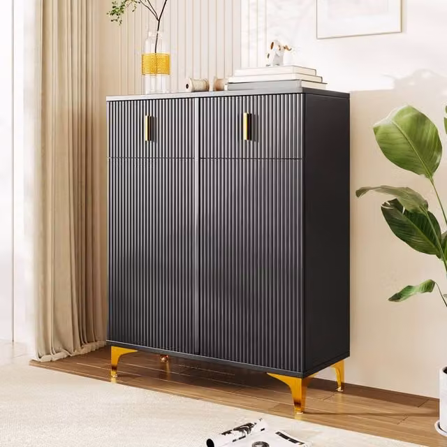 Merax Black and Gold Fluted Shoe Cabinet with Soft-Close Doors and Drawers, W/D/H: 83.0 x 35.0 x 101.0 cm