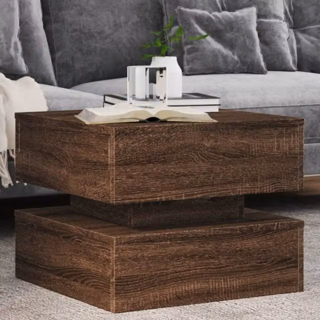 Berkfield Home Modern Square Coffee Table in Brown Oak with LED Lights, W/D/H: 50 x 50 x 40 cm