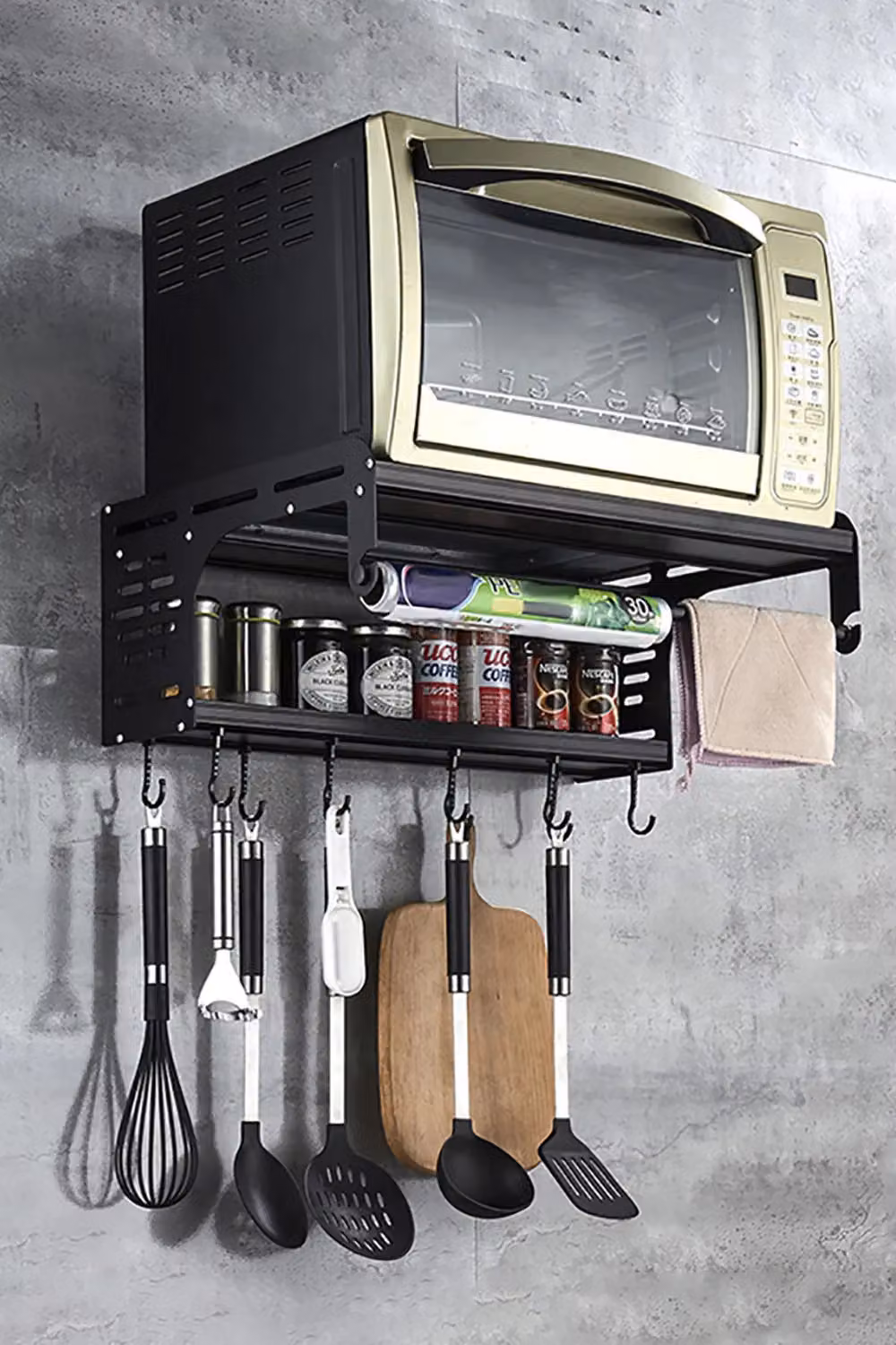 Living and Home Black Metal Wall-Mounted Microwave Shelf with 10 Hooks, Width: 55 cm – 2