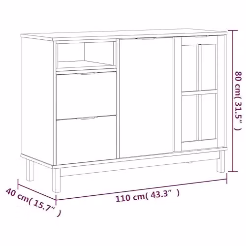vidaXL FLAM Rustic Solid Wood Pine Sideboard with Glass Door, Brown, W/D/H: 110 x 40 x 80 cm – 3
