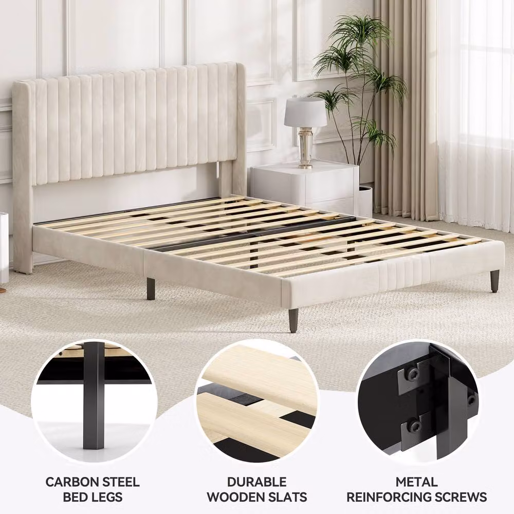 MCC Direct Charlie Velvet Upholstered Single Bed Frame with Channel Headboard in Beige, W/D/H: 90 x 190 cm – 3