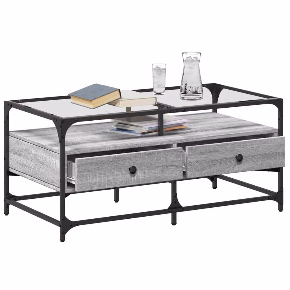 Berkfield Home Grey Sonoma Coffee Table with Glass Top and Steel Frame, W: 98.5 cm, D: 50 cm, H: 45 cm – 3
