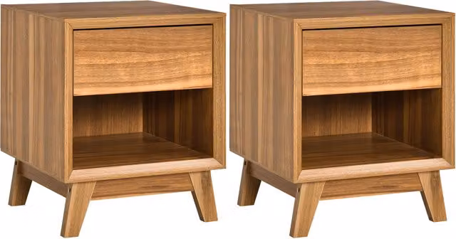 HOMCOM Set of 2 Modern Walnut Brown Nightstands with Drawer and Shelf – 1