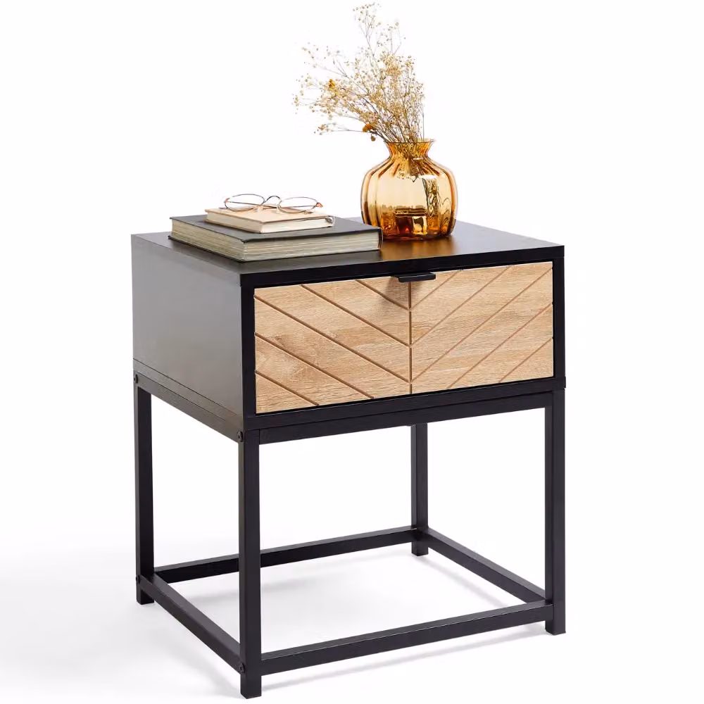 VonHaus Dalton 1 Drawer Chevron Design Side Table in Black, W/D/H: 40 x 40 x 45 cm – 2