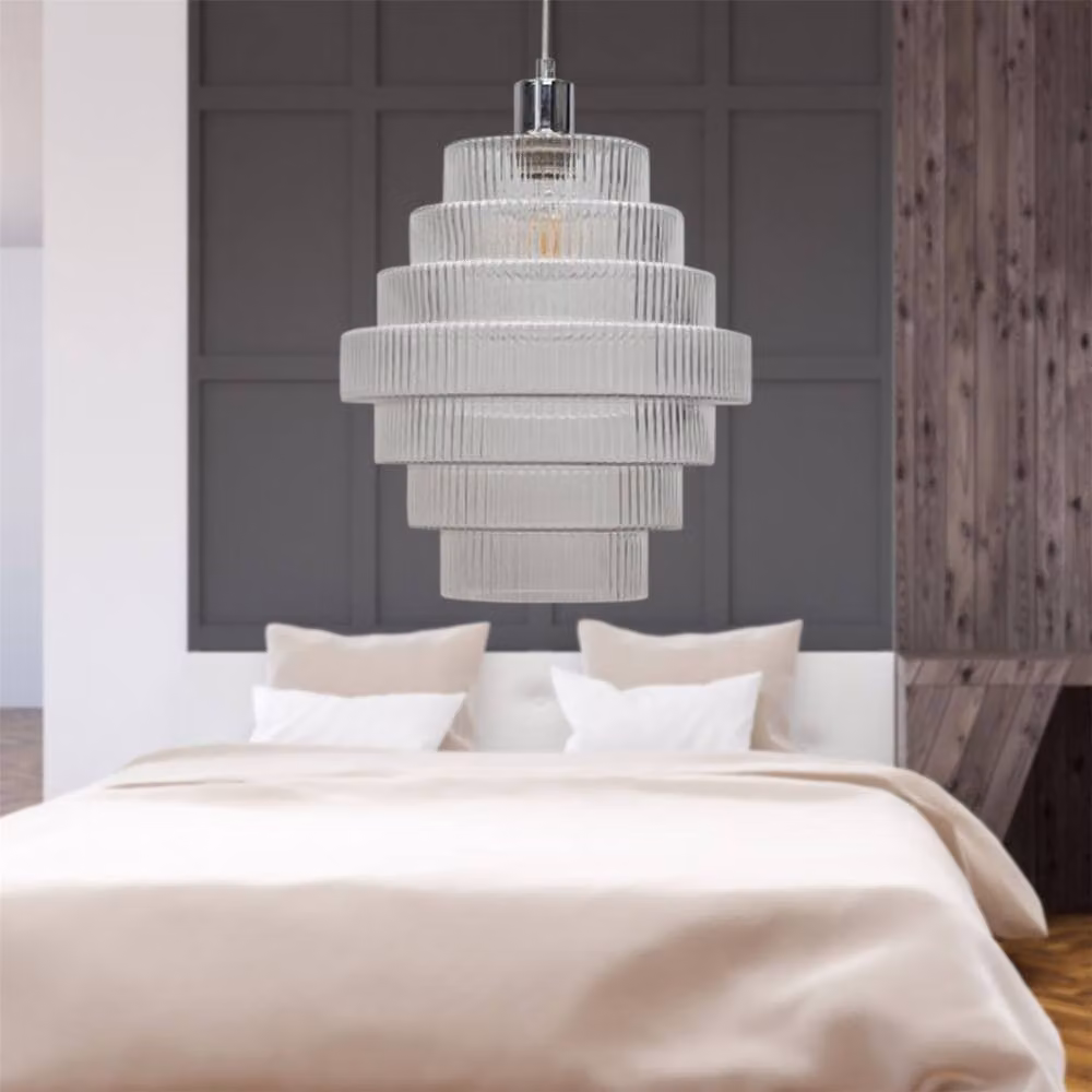 First Choice Lighting Benson Set of 2 Seven Tier Glass and Chrome Ceiling Pendant Lights in Transparent and Chrome – 3