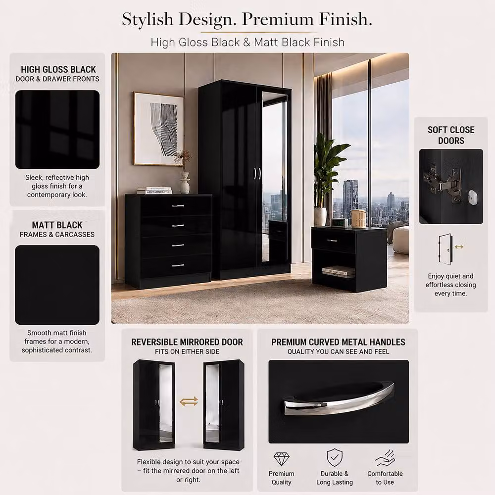 Harmin Modern Black High Gloss 3 Piece Bedroom Furniture Set – 4