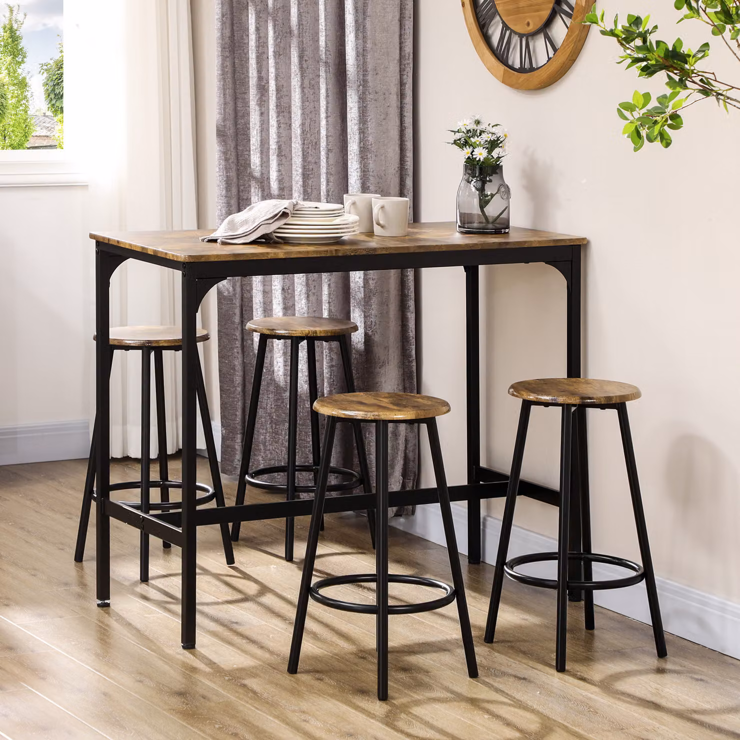 HOMCOM Five-Piece Industrial-Style Bar Table and Chair Set in Brown and Black – 2