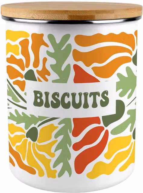 Purely Home Retro Floral Enamel Metal Biscuit Tin in Multicoloured Orange and Yellow