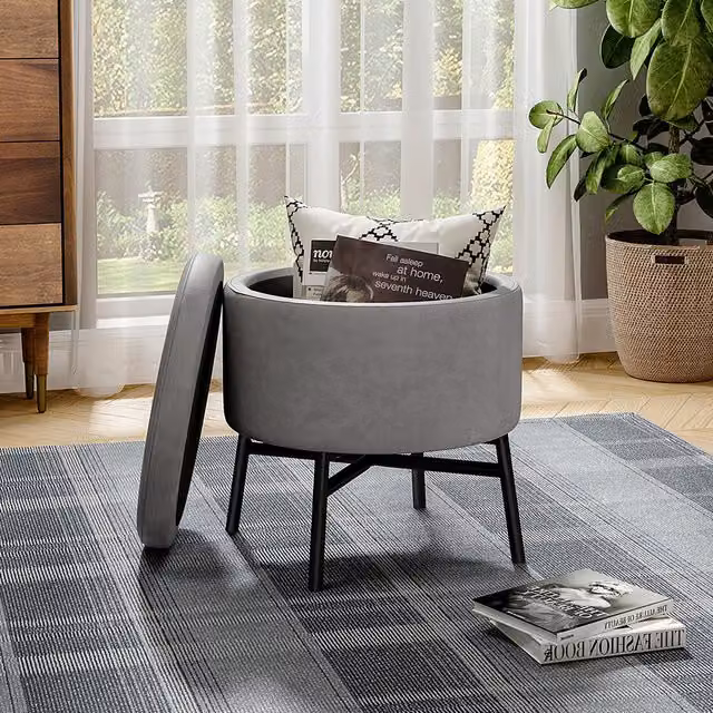 Livingandhome Grey Velvet Cylindrical Storage Ottoman Footstool