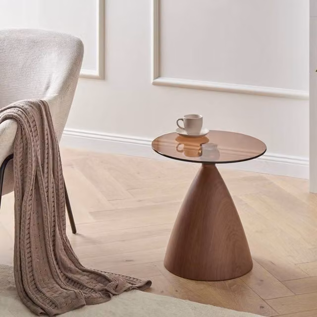 Wyld and Coco Glamour Small Side Table with Transparent Glass Top and Brown Metal Cone Base