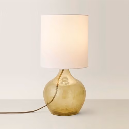 ValueLights Emily Teardrop Table Lamp with Dark Green Glass Base and Natural Linen Drum Shade