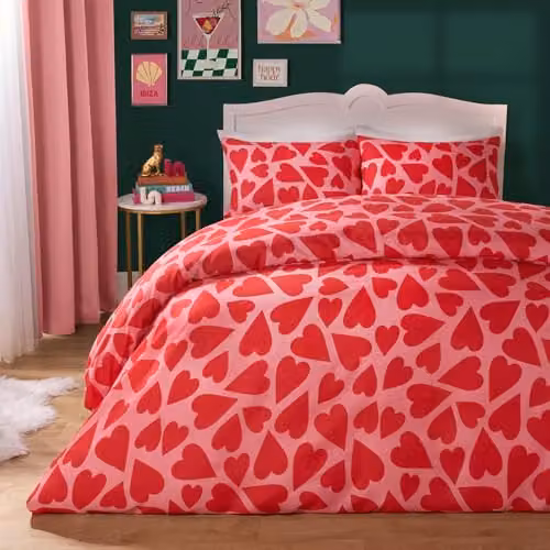 OHS King Size Microfibre Heart Duvet Cover and Pillowcase Set, Red and Pink – 1