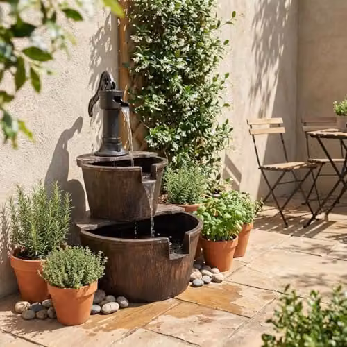 GardenKraft Rustic 2 Tier Barrel Style Garden Water Fountain in Bronze, W: 67 cm, D: 41 cm – 2