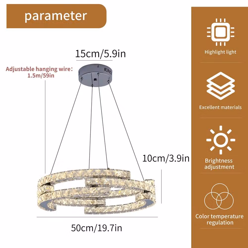 NIVOR Crystal LED Pendant Light, Dimmable and Adjustable with Remote Control in Silver – 2