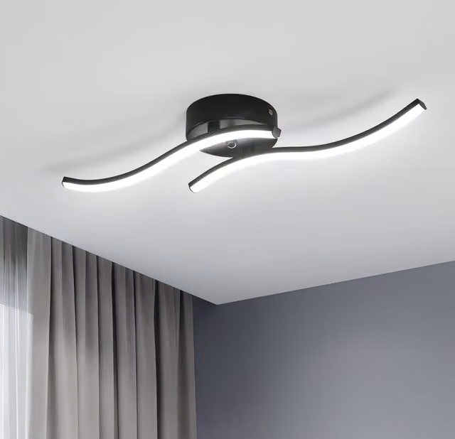 Pheashine Modern Black 2-Bar Wave LED Flush Mount Ceiling Light, 12W, 6500K Cool White, W: 52 cm – 1