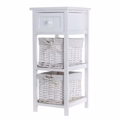 LIVIVO Shabby Chic Two Tier Wooden Bedside Cabinet with Wicker Storage Basket, White