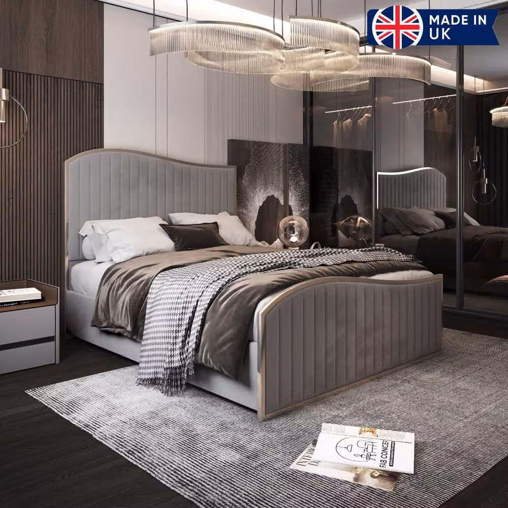 KDMD Hythe Double Designer Bed Frame in Grey Upholstered Velvet and Metal, W/D/H: 140 x 200 x 137 cm – 3