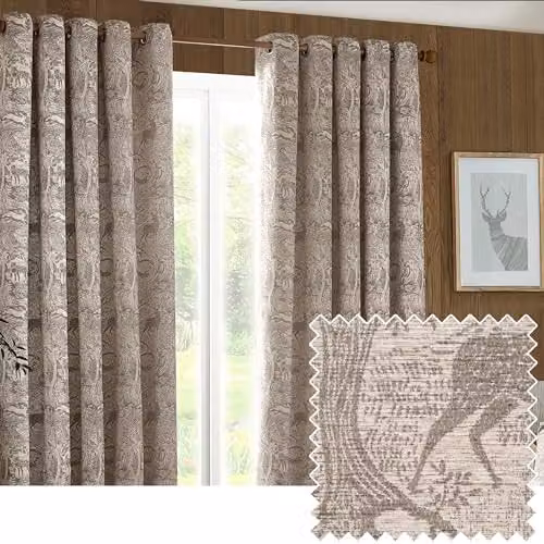 Furn Winter Woods Chenille Eyelet Curtains with Animal Pattern in Taupe, Width: 168 cm, Drop: 183 cm, 2 Panels