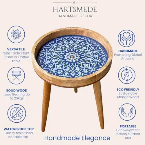 Hartsmede Marrakesh Round Mango Wood Side Table in Blue with Glossy Enamel Top, Diameter: 35.5 cm, Height: 47 cm – 3