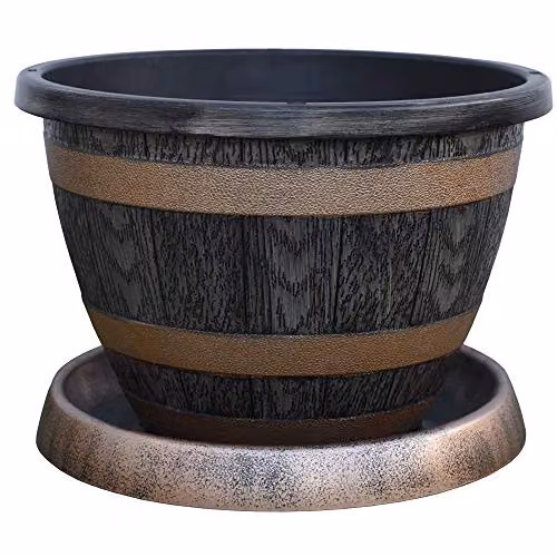 Thompson & Morgan Wooden Barrel Effect Garden Patio Planter with Saucer, Brown, Diameter: 39 cm – 2
