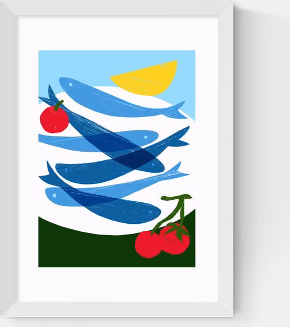East End Prints Small Fish Framed Art, Multicolour Illustration in White Wood Frame