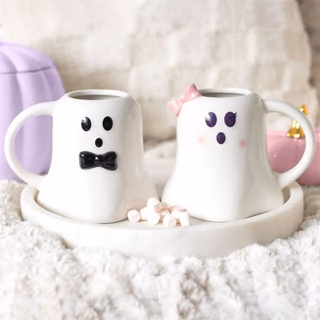 Mr and Mrs Boo Ghost Mug Set for Adults in White, Pink and Black