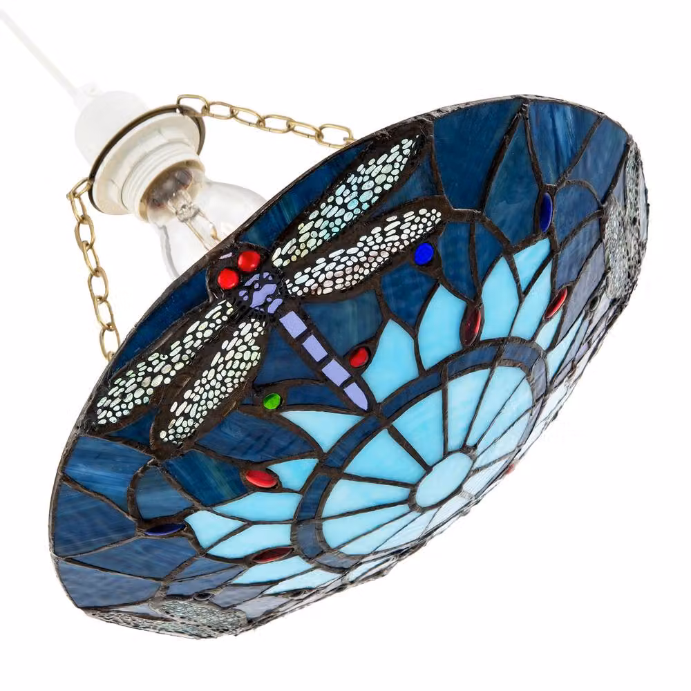 Happy Homewares Traditional Dragonfly Tiffany Glass Easy Fit Pendant Light Shade in Blue and Gold/Brass – 2