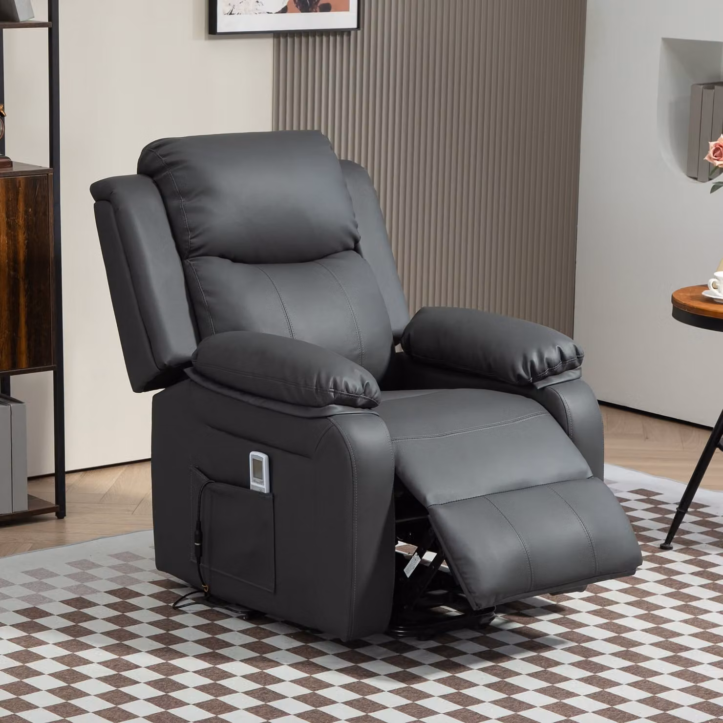 HOMCOM Dark Grey PU Leather Power Lift Riser and Recliner Chair with Vibration Massage for Seniors – 7
