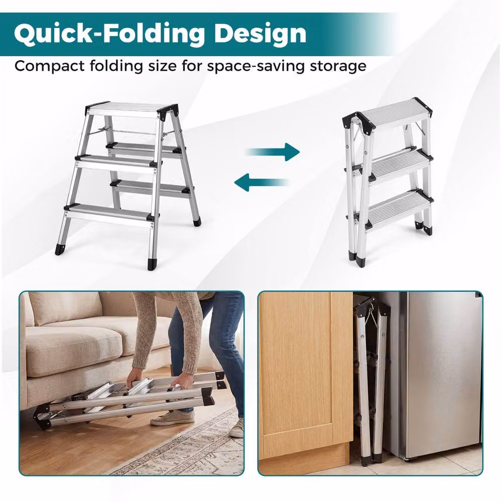 Gymax 3-Step Dual-Sided Aluminium Folding Step Ladder with Wide Anti-Slip Pedals in Silver – 4