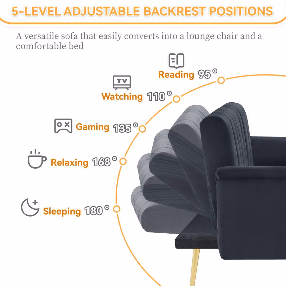 STILVORA 2 Seater Black Velvet Click Clack Sofa Bed with Adjustable Backrest, W/D/H: 197 x 94 x 75 cm – 3