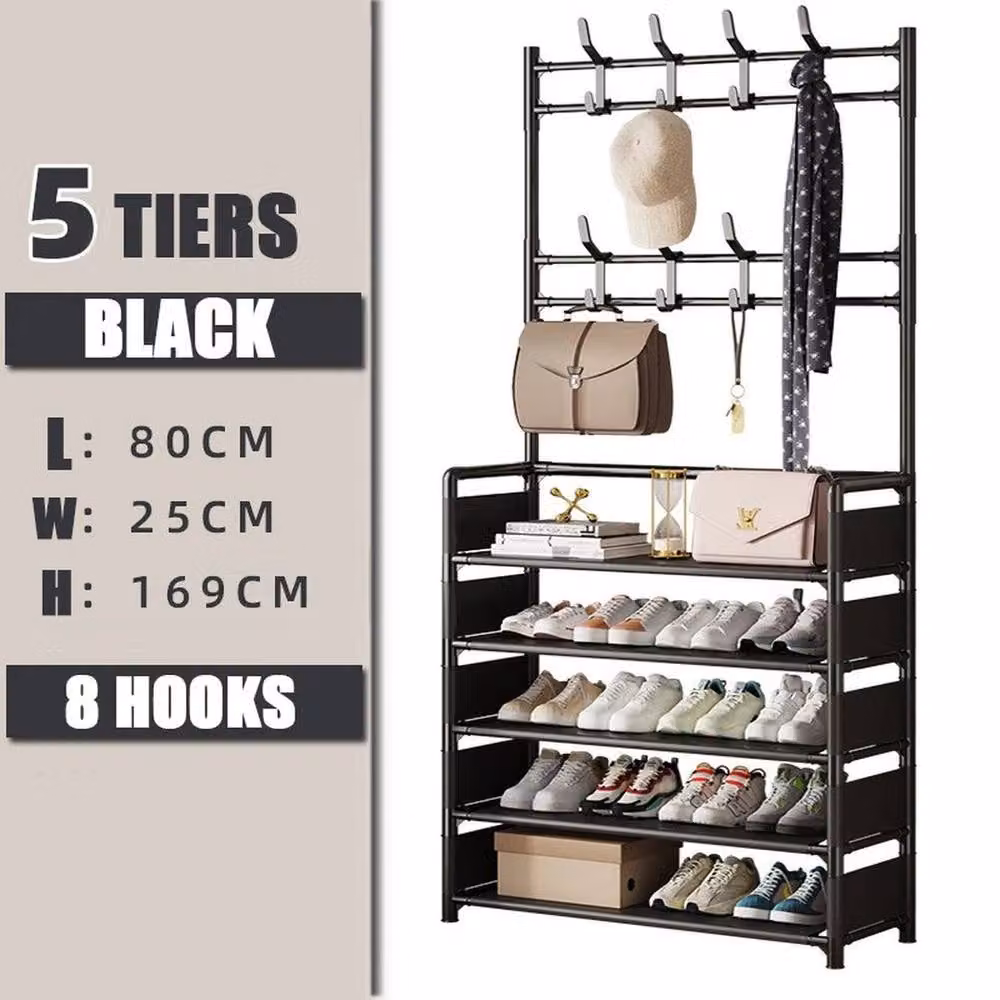 KORVIXA Modern Hallway Coat Rack and Shoe Storage Hall Tree with Bench in Matt Black, W: 90 cm, H: 169 cm – 2