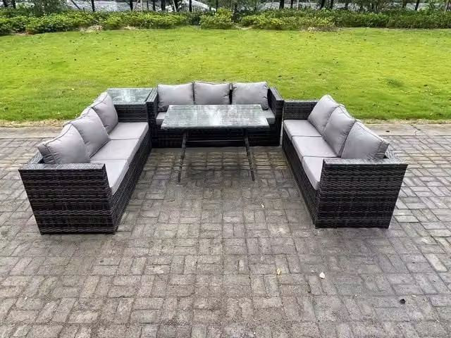 Fimous 9 Seater Rattan Garden Dining Set with Patio Side Table in Dark Grey