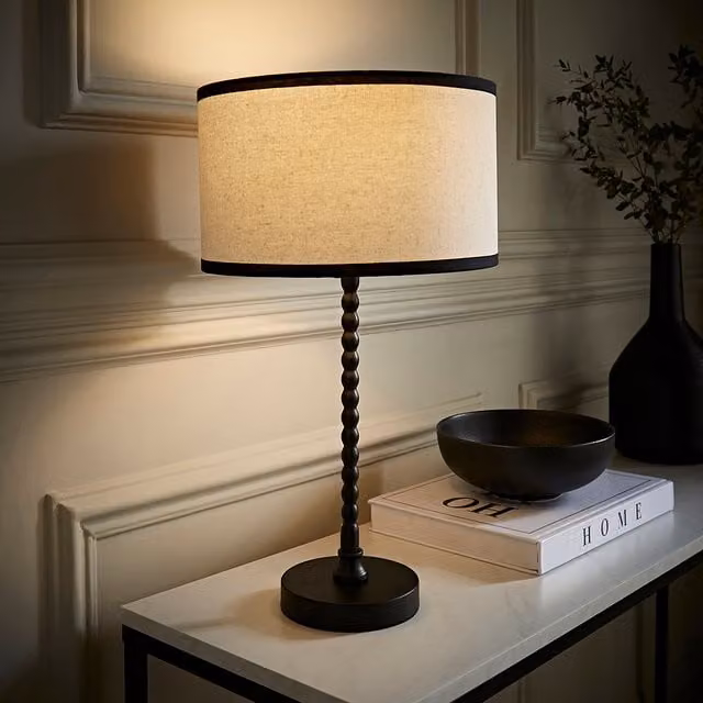 Maeve Bobble Table Lamp with Black Metal Base and Beige Fabric Cylinder Shade