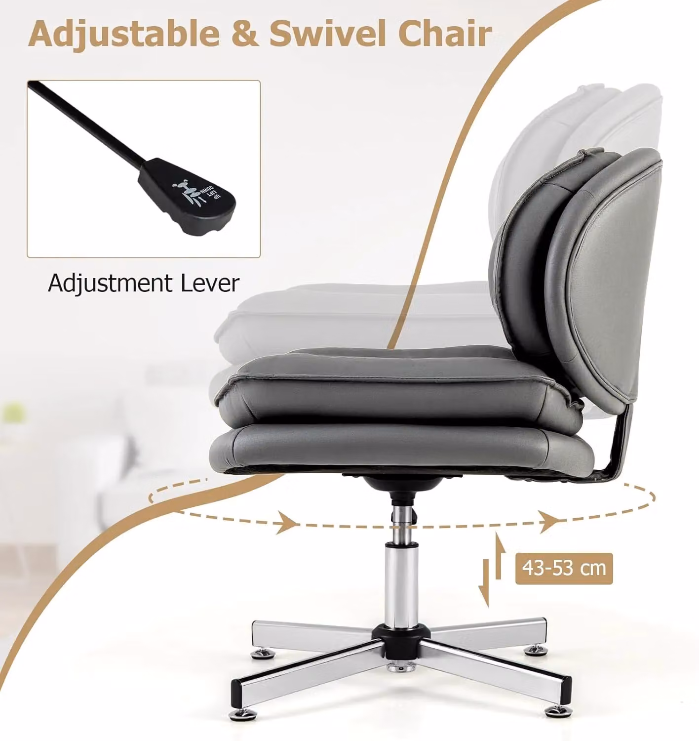 Gymax Grey Synthetic Leather Swivel Task Chair with Metal Base – 3